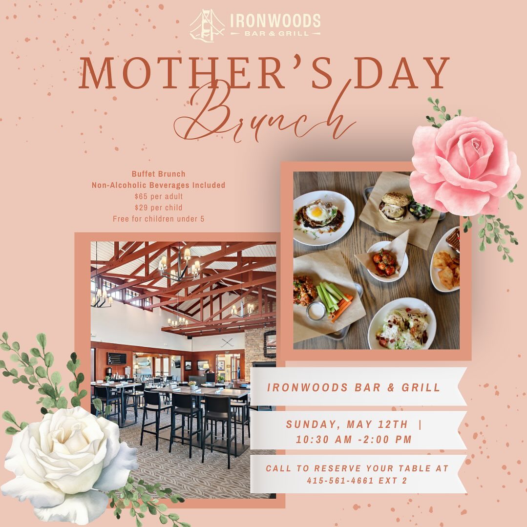 We are please to be hosting Mother’s Day Brunch at Ironwoods Bar & Grill on Sunday, May 12th, from 10:30am - 2:00pm. Reservations can be made by calling us at 415-561-4661 ext 2. 

#mothersday #mothersdaysf #mothersdaybrunch #sfmothersday #sfevents #presidiosf #presidiosanfrancisco #presidiogolfcourse #presidioevents